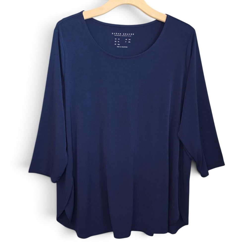Susan Graver Top Womens Plus 1X Navy Blue Liquid Knit Scoop Neck Blouse Stretch